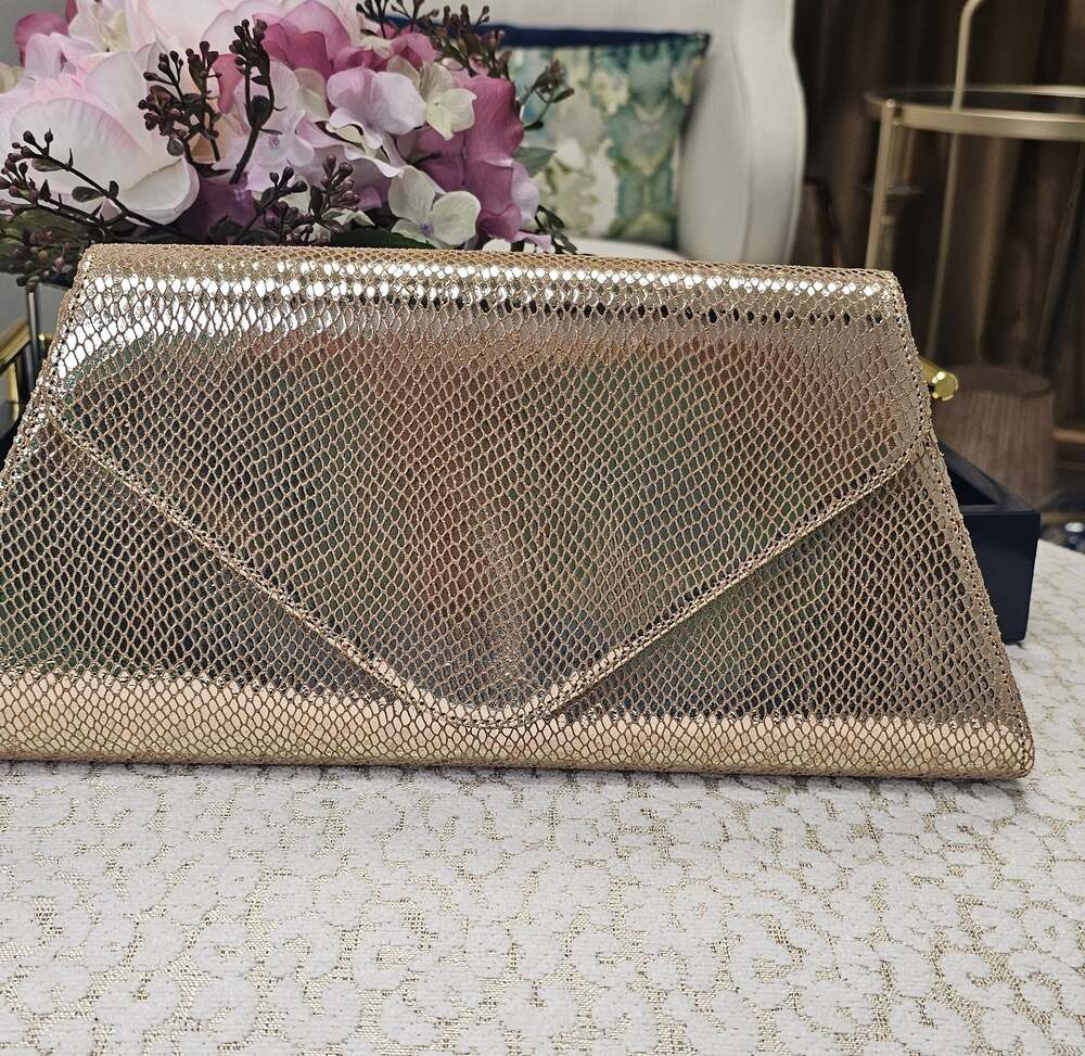 Gold Metallic Envelope Clutch with Detachable Chain
